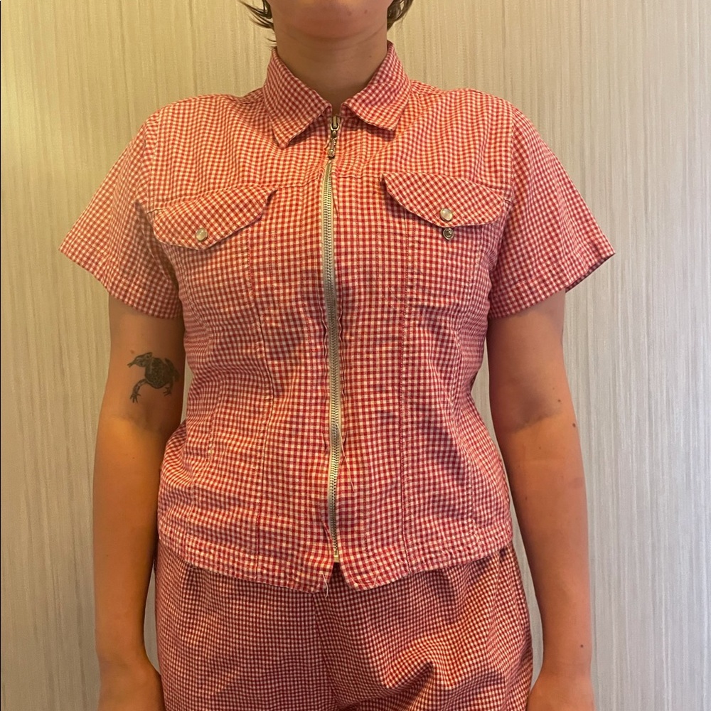 picnic print cottage core collared top